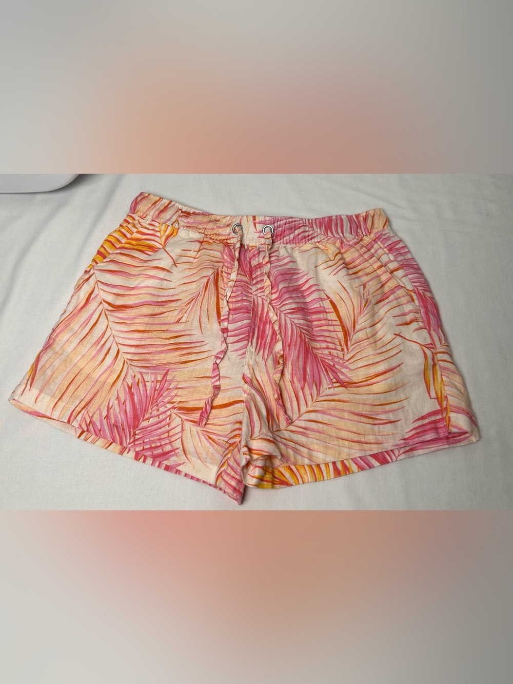 Tahari 100% linen Women’s Tropical Print Drawstring Shorts - Pink & Orange